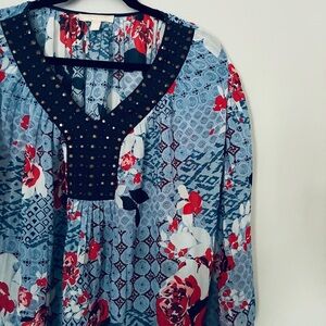 Woman Within Blue Floral Tunic with Black Studded V-Neck